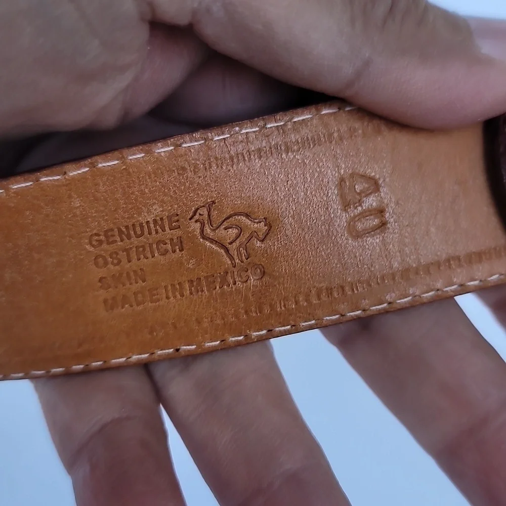 Full Quill Men's Ostrich Cognac Leather Brass Hardware Belt